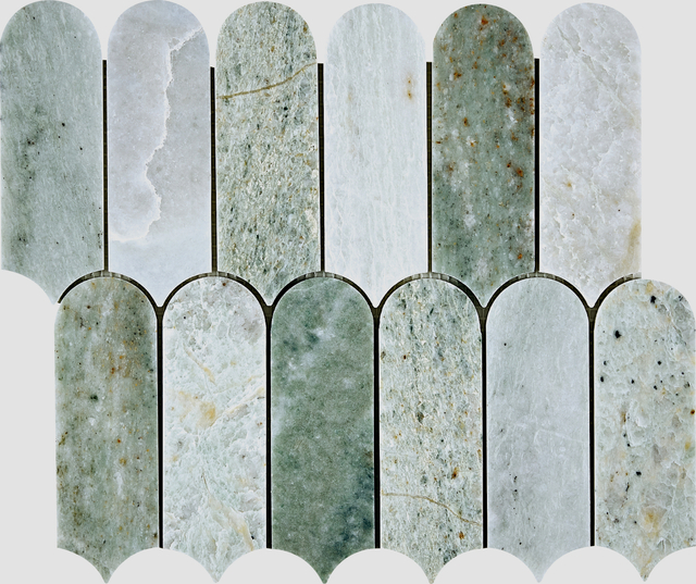 Mosaico arqueado de plumas de mármol esmeralda-EME21