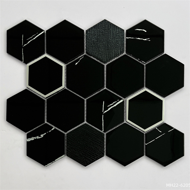 Azulejo de mosaico de vidrio negro-hexagonal