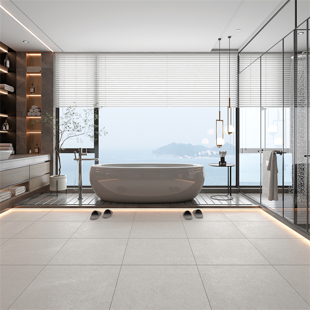 Baño con azulejos beige - Kingston